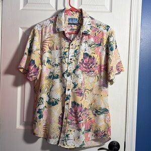 VSTR Men's Tropical Print Button Down Short Sleeve Shirt Large